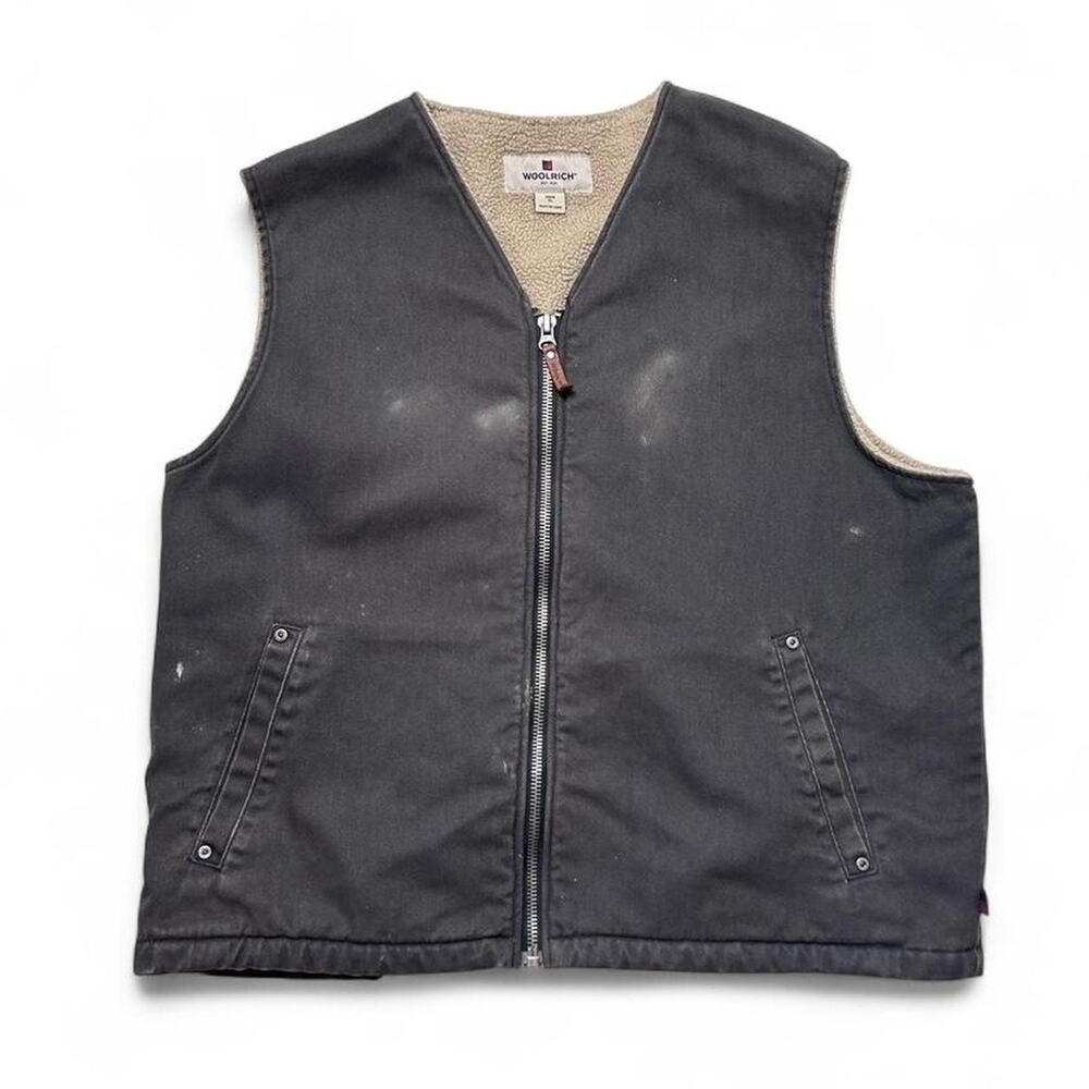 Woolrich Y2k Vintage Dark Slate Grey Canvas Sherpa Lined Zip Vest Workwear XL